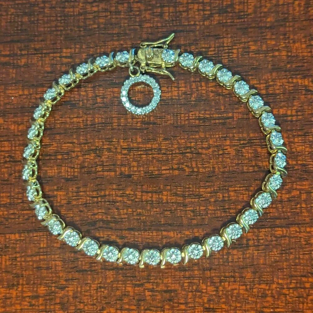Gold Plated CZ Diamond Tennis Bracelet Sterling Silver Halo Charm‎ Statement